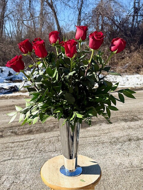 Silver Trumpet Vase with a Dozen Red Roses